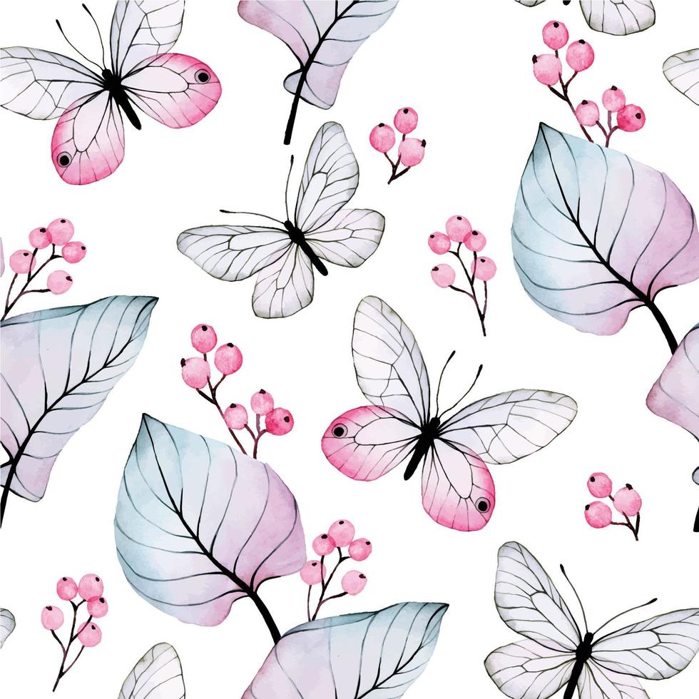 akvarell seamless mönster med genomskinliga blommor och fjärilar. rosa och blå tropiska löv, fjärilar, bär isolerad på vit bakgrund vektor