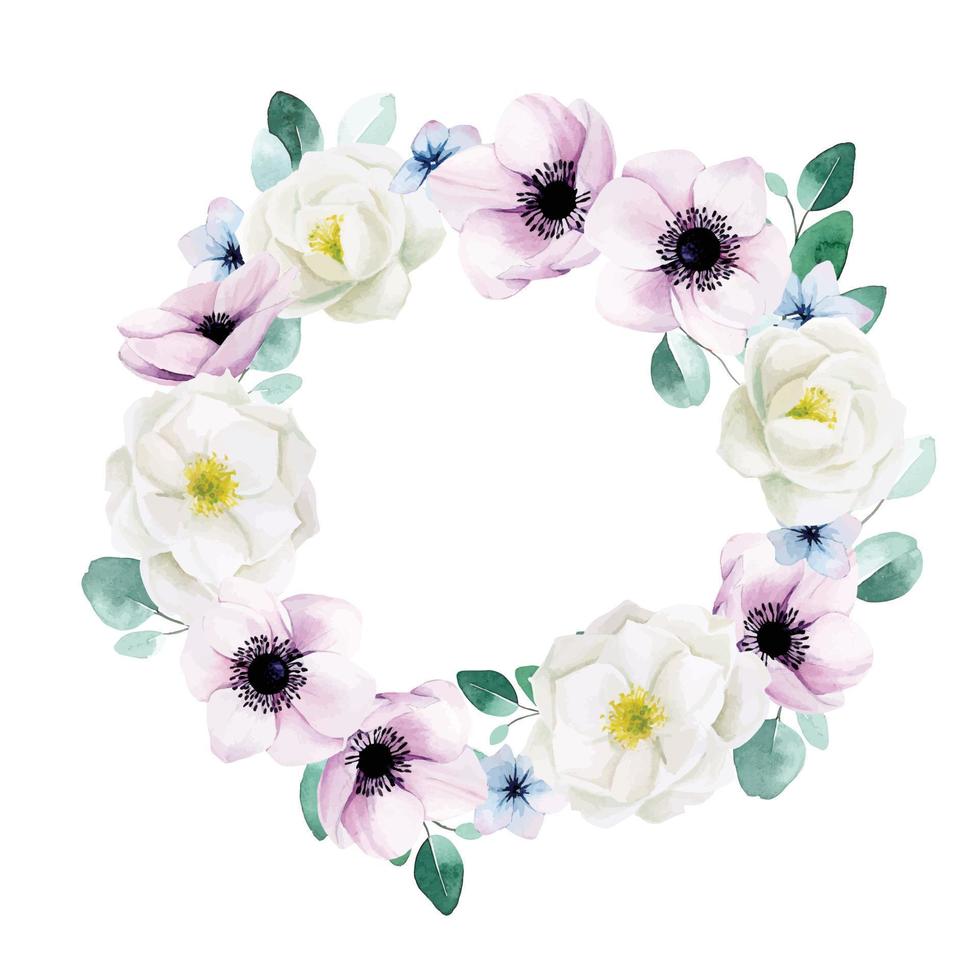 Aquarellzeichnung. kranz mit weißen und rosa pfingstrosenblüten und anemonen und eukalyptusblättern. Blumenkranz Frühling, Jahrgang vektor