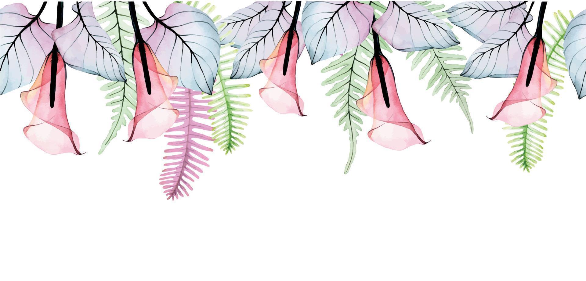 akvarell sömlös kant, banderoll, ram med tropiska genomskinliga blommor och blad. rosa och blå blommor och blad av calla liljor, ormbunke isolerad på vit bakgrund. vektor