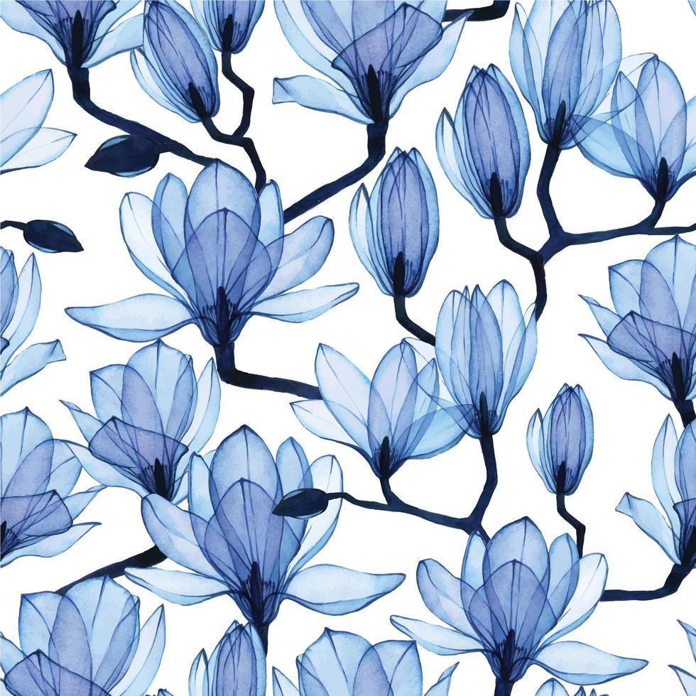 Aquarell Musterdesign mit transparenten blauen Magnolien. transparente Blumen von blauer Farbe auf weißem Hintergrund, Röntgen. Vintage Muster blühende Magnolien. vektor