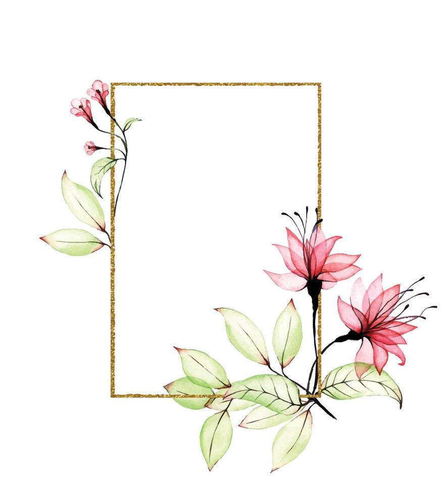 rektangulär guldram med transparenta tropiska blommor och blad. akvarell genomskinliga blommor av rosa färg. logotyp för parfymeri och kosmetika. clipart för bröllop, kort, inbjudningar vektor