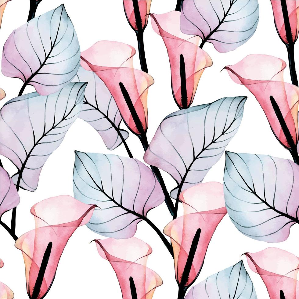 Aquarellzeichnung. Nahtloses Muster aus transparenten tropischen Blumen und Blättern. Rosa Calla-Blume und Blätter in rosa und blauen Farben isoliert auf weißem Hintergrund. druck für tapeten, stoffe, textilien vektor