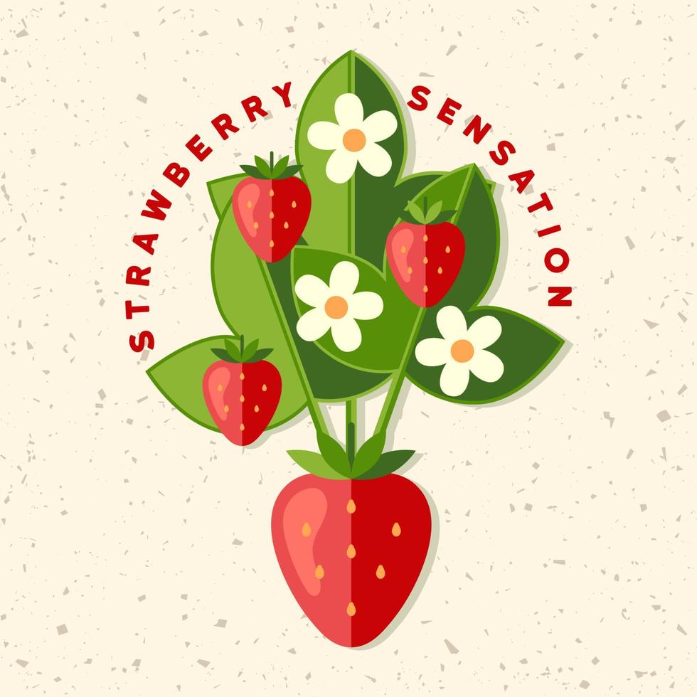 logotyp med jordgubbsbuske, blommor, mogna små och stora bär, text i enkel minimal stil. bra för branding, dekoration av matpaket, omslagsdesign, dekorativt klädtryck vektor