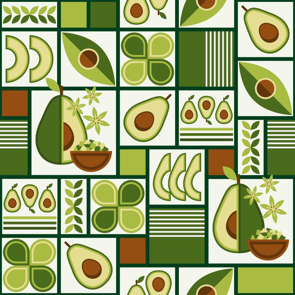 Nahtloser Hintergrund mit Avocado, abstrakte geometrische Formen im quadratischen Gitter mit dicken Linien. Minimaler Stil. gut für Branding, Dekoration von Lebensmittelverpackungen, Cover-Design, dekorative Drucke für die Küche zu Hause vektor