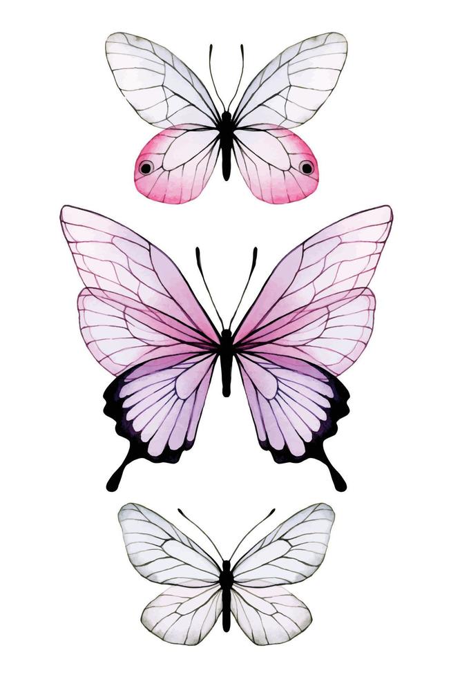 akvarellteckning. set med färgade genomskinliga fjärilar. vackra abstrakta fjärilar med genomskinliga vingar i rosa och lila. ClipArt vektor