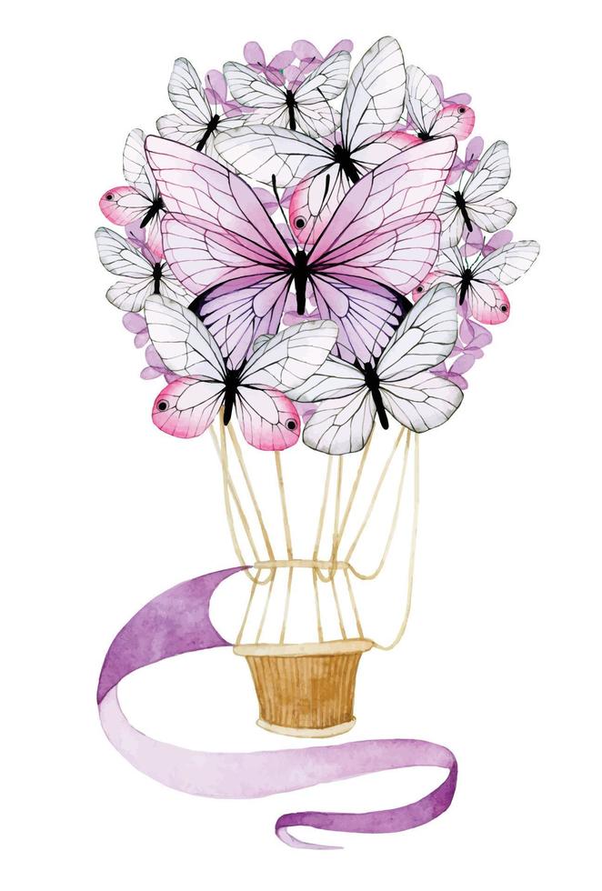 akvarellteckning. ballong med blommor och fjärilar. delikat mild teckning för flickor. ballongtryck vektor