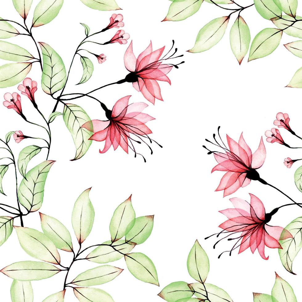 Aquarell Musterdesign mit transparenten Hibiskusblüten und Blättern. transparente rosa tropische blumen und grüne blätter auf einem weißen hintergrund. Druck für Stoff, Tapete. exotische Dschungelblumen vektor