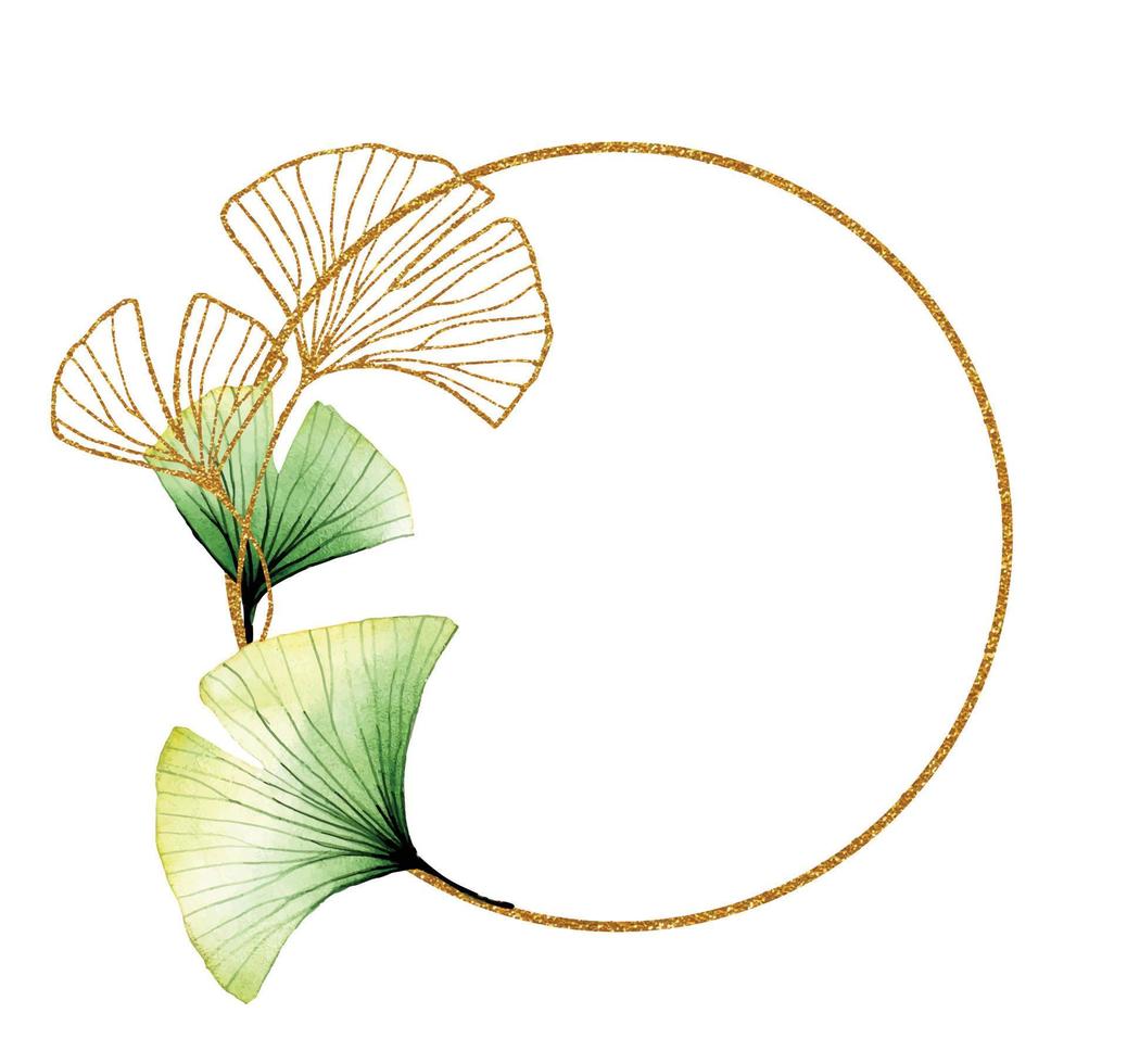 gyllene rund ram med transparenta ginkgoblad. gröna och guld tropiska löv, minimalistisk design. vektor