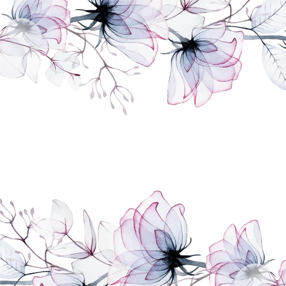 rechteckiger aquarellrahmen mit transparenten blumen. transparente Rosenblüten und Eukalyptusblätter, Röntgen. Vintage-Grenze für Hochzeitsdekoration, Karten, Einladungen. Parfümerie- und Kosmetikdesign vektor