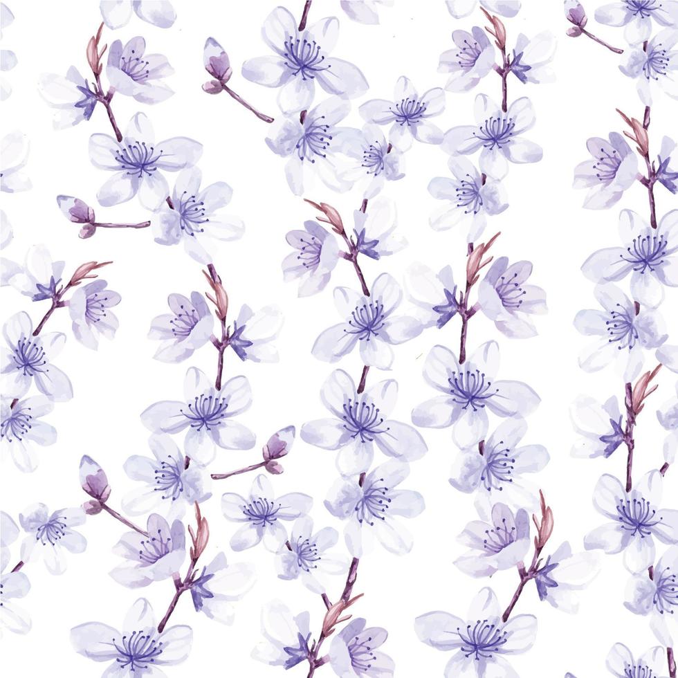 nahtloses Muster. Sakura-Blumen, die blaue Farbe des Aquarells auf einem weißen Hintergrund zeichnen. blühendes Kirschdesign für Textilien, Keramik, Stoffe, Tapeten, Verpackungen. vektor