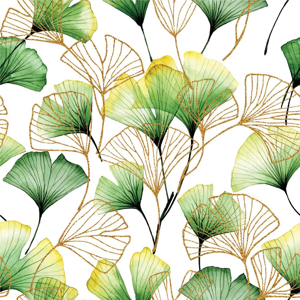 Aquarell Musterdesign mit tropischen Ginkgo-Blättern. grüne und goldene Blätter auf weißem Hintergrund. vintage print, transparente blätter und blumen röntgen vektor