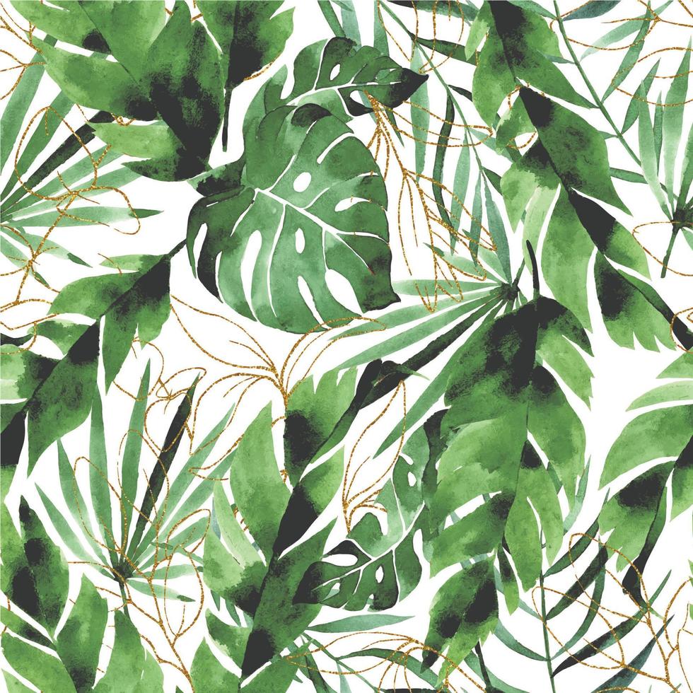 Aquarell Musterdesign mit tropischen Blättern und goldenen Elementen. grüne und goldene Blätter von Palmen, Monstera, Banane isoliert auf weißem Hintergrund vektor