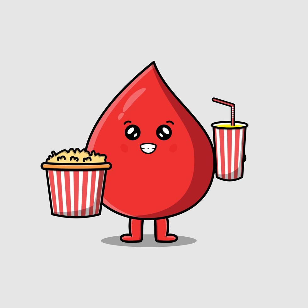 söt tecknad bloddroppe med popcorn och dryck vektor