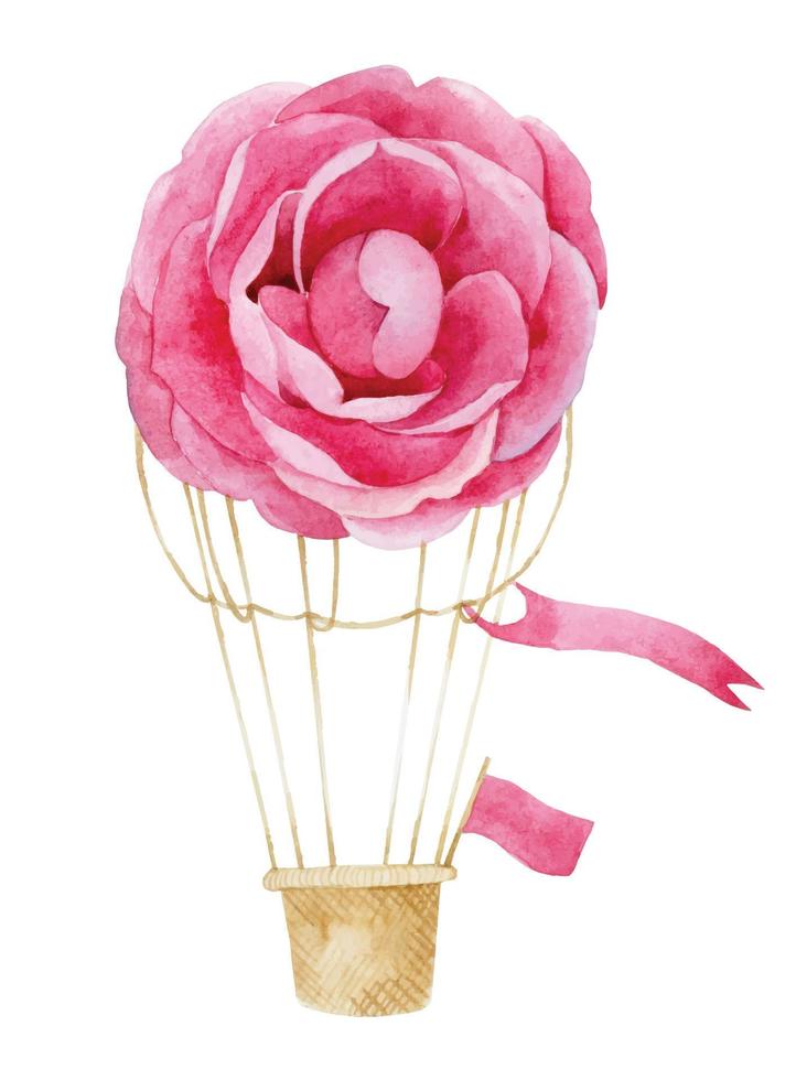 Aquarellzeichnung Heißluftballon mit Blumen. pinke Rose. zartes Muster für Mädchen, sanfter Ballondruck. vektor