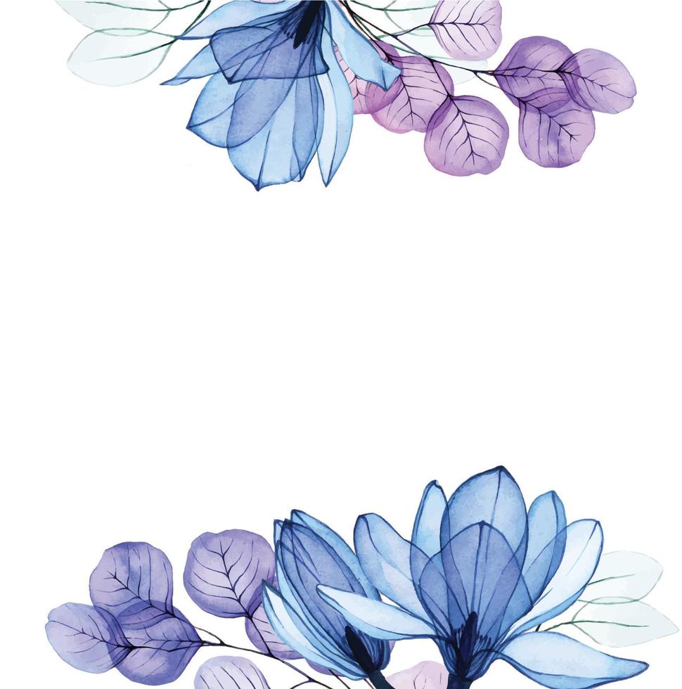 aquarellrand, rahmen mit transparenten blauen magnolienblüten. transparente magnolienblüten und eukalyptusblätter in blau, pink und lila. Vintage-Druck für Hochzeit, Karten, Einladungen vektor