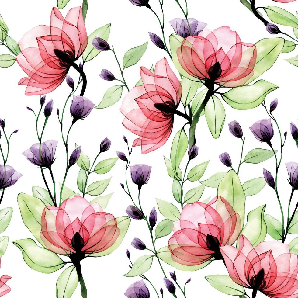 Aquarell Musterdesign mit transparenten Blumen. Vintager Druck mit rosa wilden Rosen und lila Wildblumen auf einem weißen Hintergrund. zartes Aquarell vektor