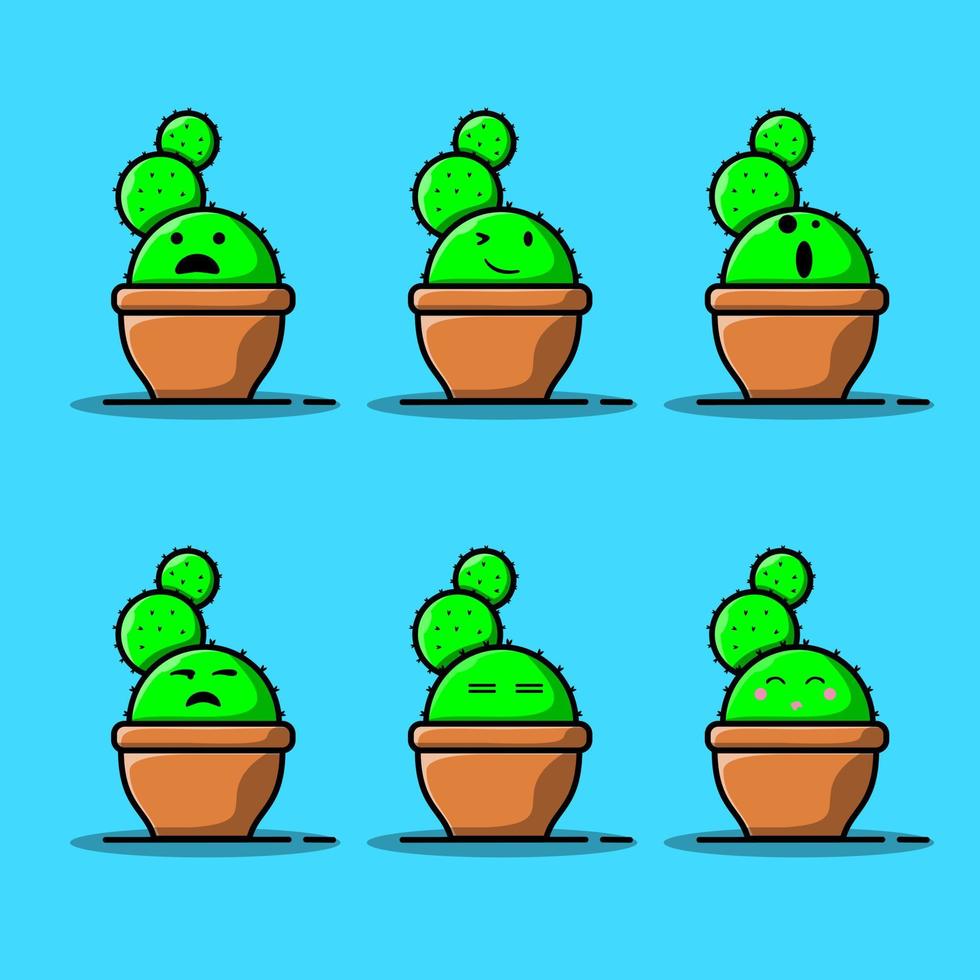 set vektorkarikaturillustrationen des grünen kaktus mit emotionen. lustige Emotionen Charaktersammlung für Kinder. Fantasiefiguren. vektor