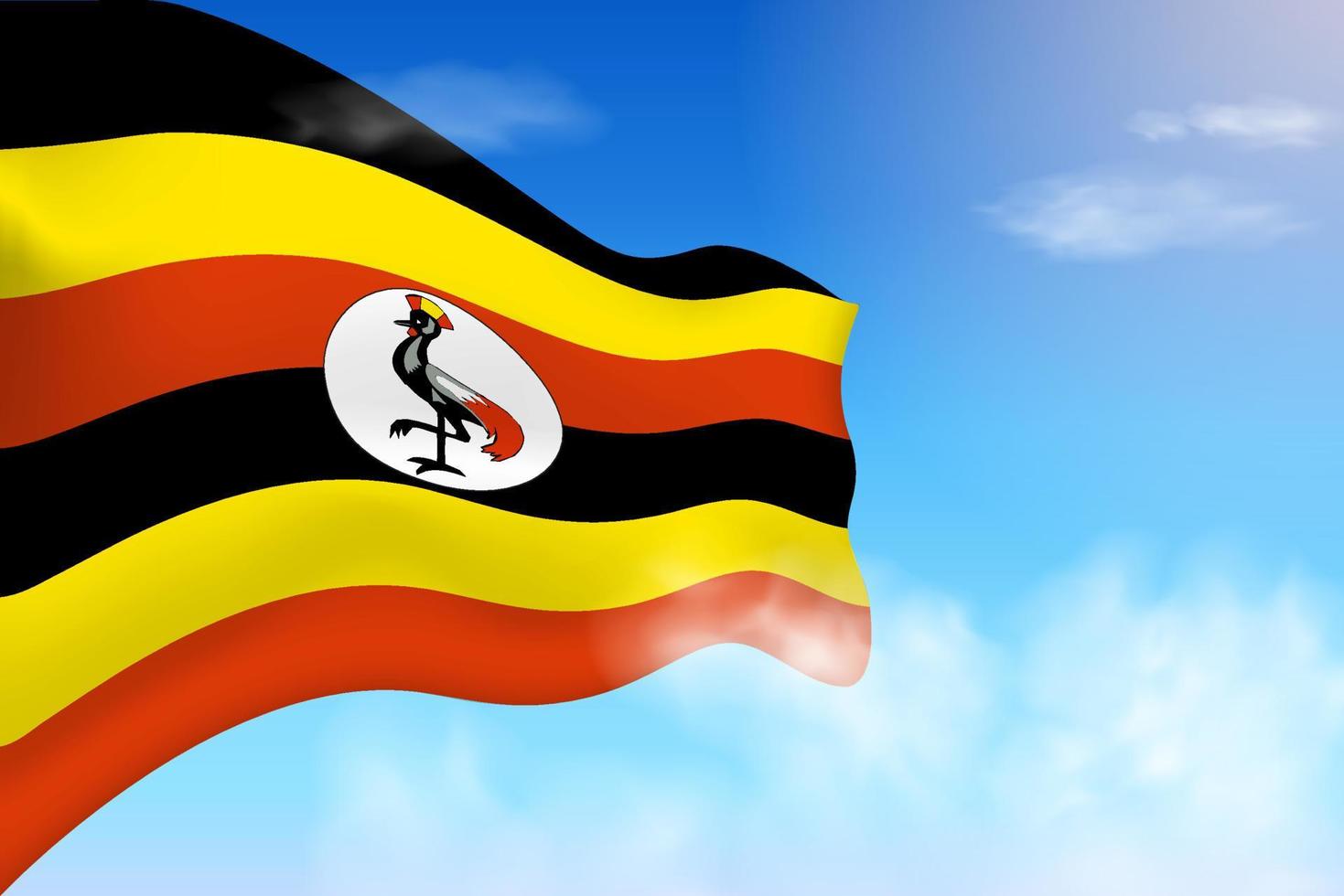 Uganda-Flagge in den Wolken. Vektorfahne weht am Himmel. nationaltag realistische flaggenillustration. Vektor des blauen Himmels.