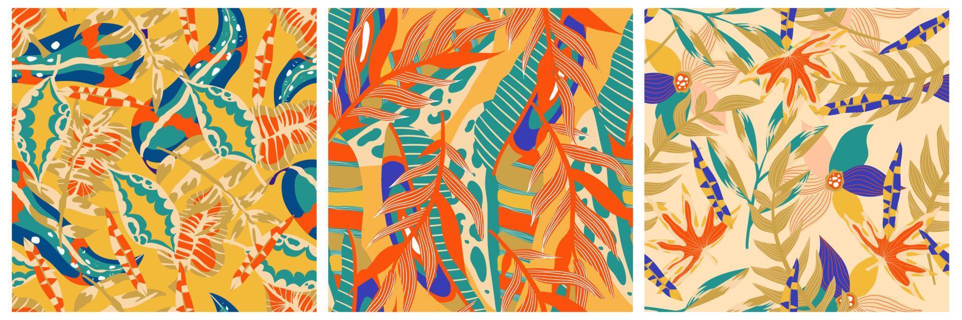 estetisk boho djungel sömlösa mönster set för tryckdesign. boho botaniska samling tropisk blommig bakgrund. modernt exotiskt blommigt djungelmönster. geometrisk struktur. tryckdesign. vektor