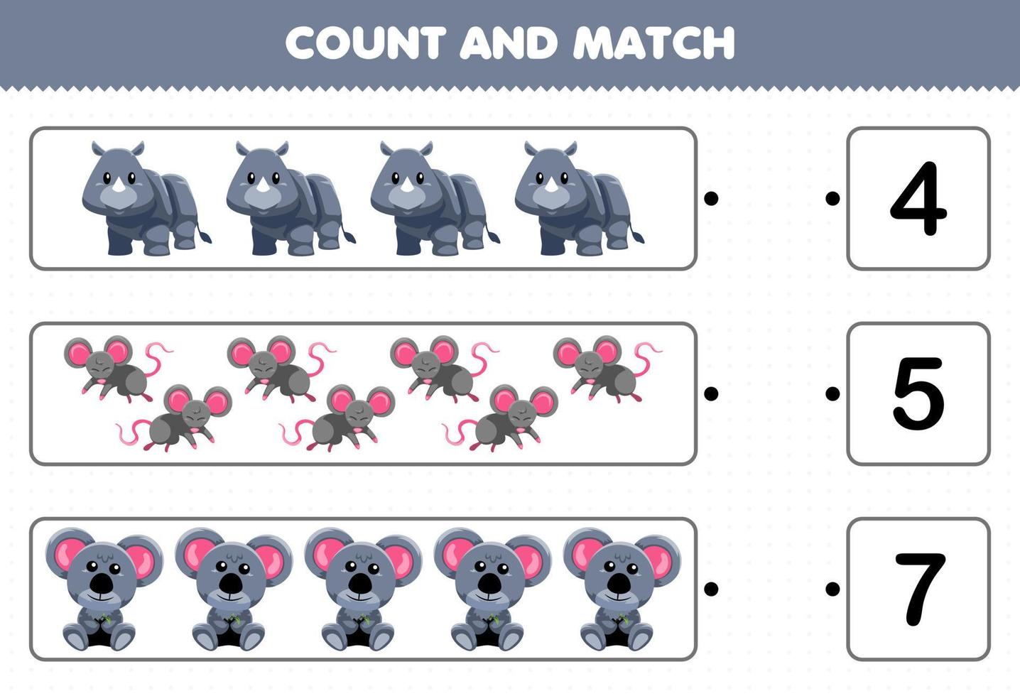 bildungsspiel für kinder zählen und abgleichen zählen sie die anzahl der niedlichen cartoon-grautier-nashorn-maus-koala und passen sie mit den richtigen zahlen zum druckbaren arbeitsblatt zusammen vektor