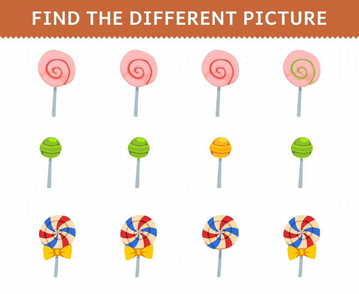 Bildungsspiel für Kinder finden Sie das unterschiedliche Bild in jeder Zeile Lebensmittel Süßigkeiten vektor