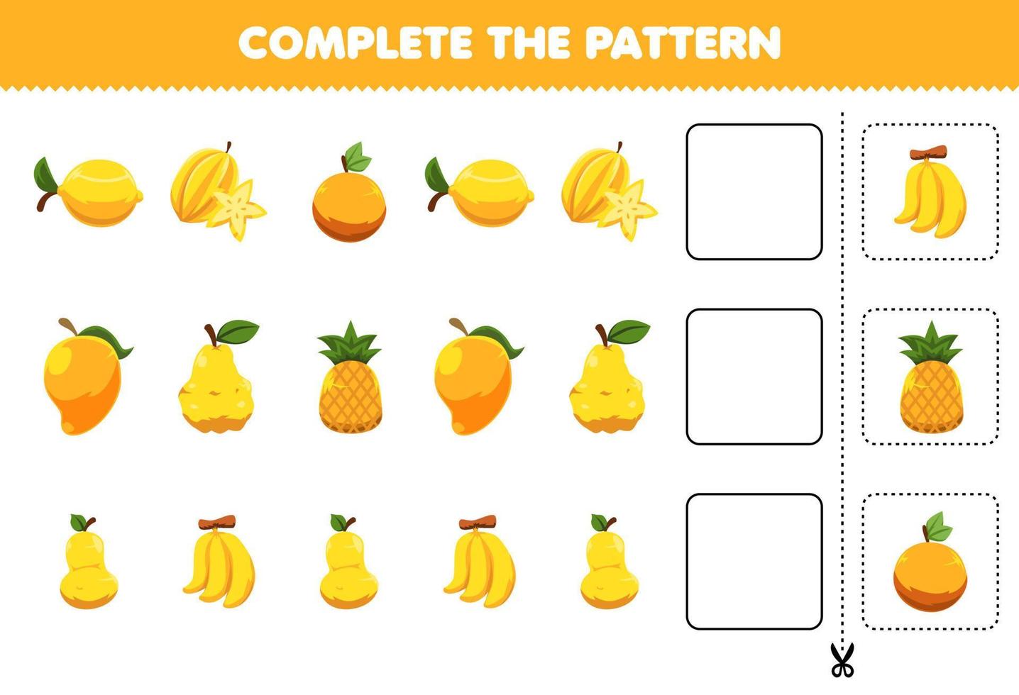utbildning spel för barn slutföra mönstret logiskt tänkande hitta regelbundenhet och fortsätta rad uppgiften med tecknade gula frukter vektor