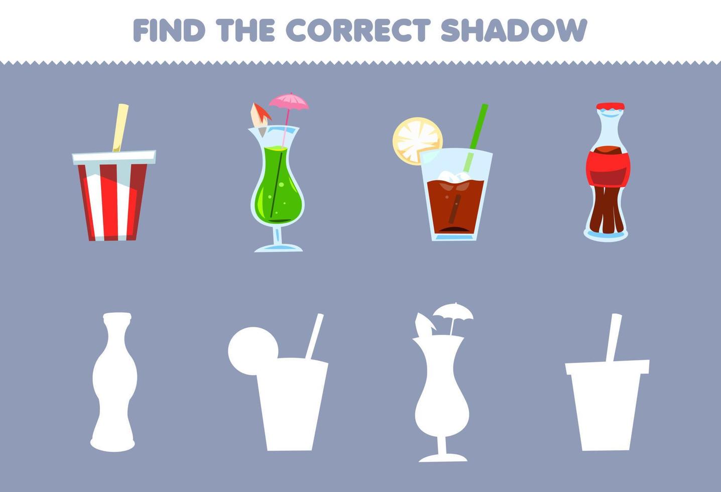 Bildungsspiel für Kinder Finden Sie den richtigen Schattensatz von Cartoon-Softdrink-Saft-Eistee-Cola vektor