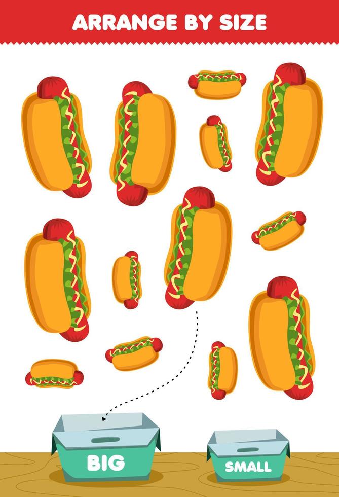 Bildungsspiel für Kinder nach Größe ordnen groß oder klein in die Box legen Cartoon Food Snack Hotdog Bilder vektor