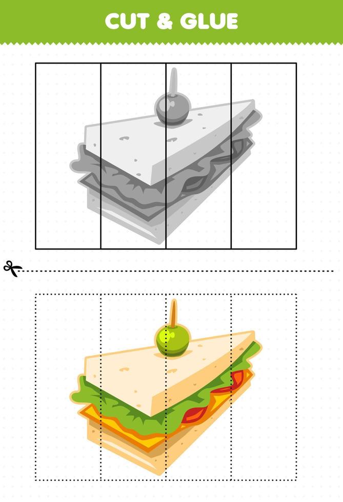 utbildningsspel för barn klippa och limma med tecknad matsmörgås vektor