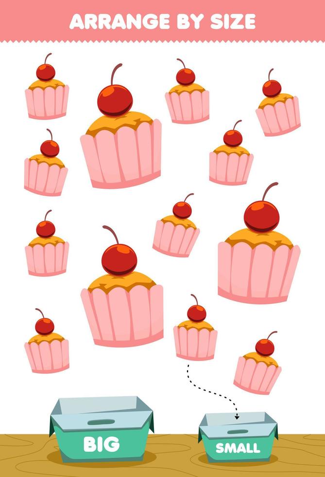 utbildningsspel för barn ordna efter storlek stor eller liten lägg den i lådan tecknad mat snack cupcake med körsbärstoppning bilder vektor