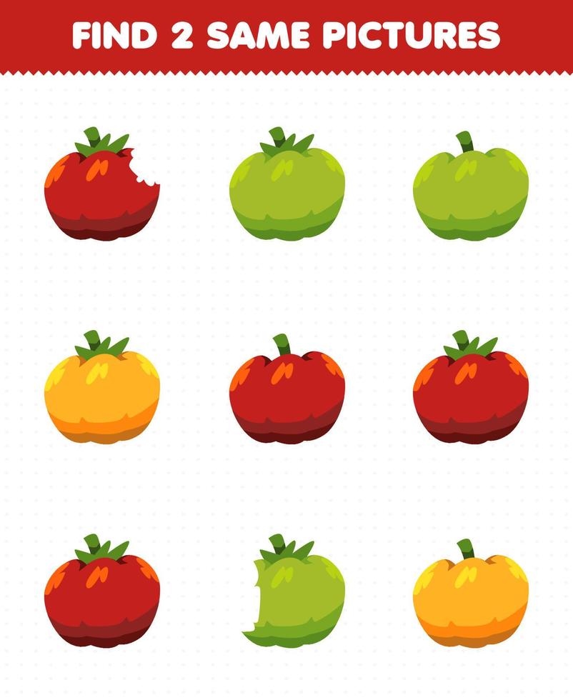 Bildungsspiel für Kinder finden Sie zwei gleiche Bilder Gemüsetomate vektor