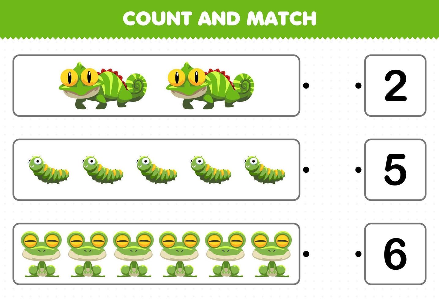 utbildningsspel för barn räkna och matcha räkna antalet söta tecknade gröna djur leguan larvgroda och matcha med rätt siffror utskrivbart arbetsblad vektor