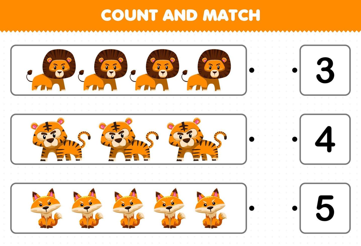 bildungsspiel für kinder zählen und abgleichen zählen sie die anzahl der niedlichen cartoon orange wildtiere löwe tiger fuchs und passen sie das druckbare arbeitsblatt mit den richtigen zahlen an vektor
