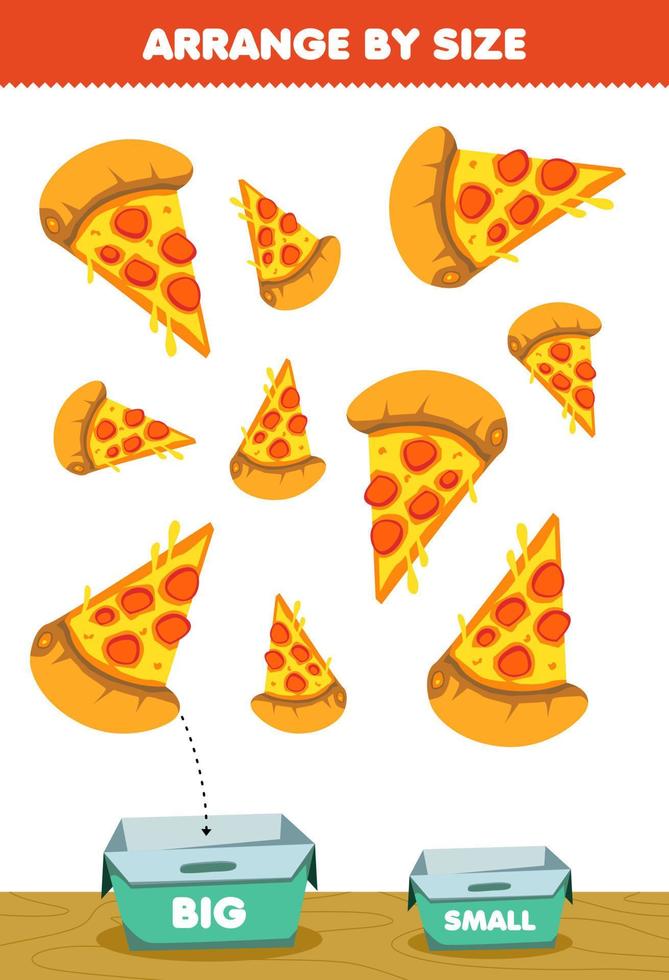 utbildning spel för barn ordna efter storlek stor eller liten lägg den i lådan tecknad mat snack pizza bilder vektor