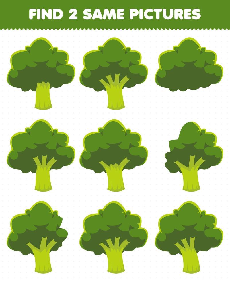 Lernspiel für Kinder finden zwei gleiche Bilder Gemüse Brokkoli vektor