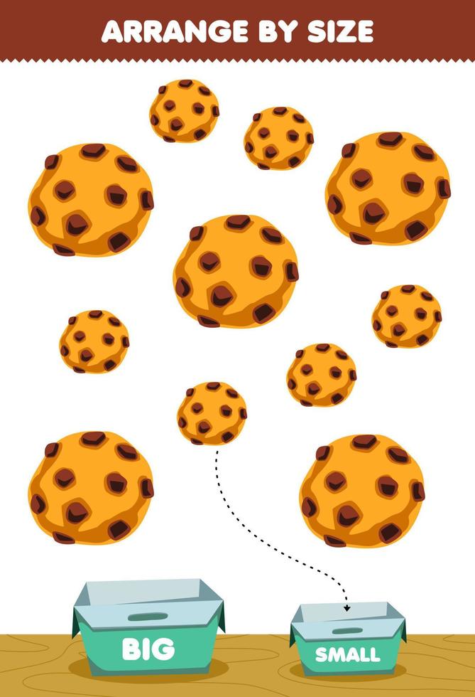 Bildungsspiel für Kinder nach Größe anordnen groß oder klein in die Schachtel legen Cartoon Food Snack Cookie Bilder vektor