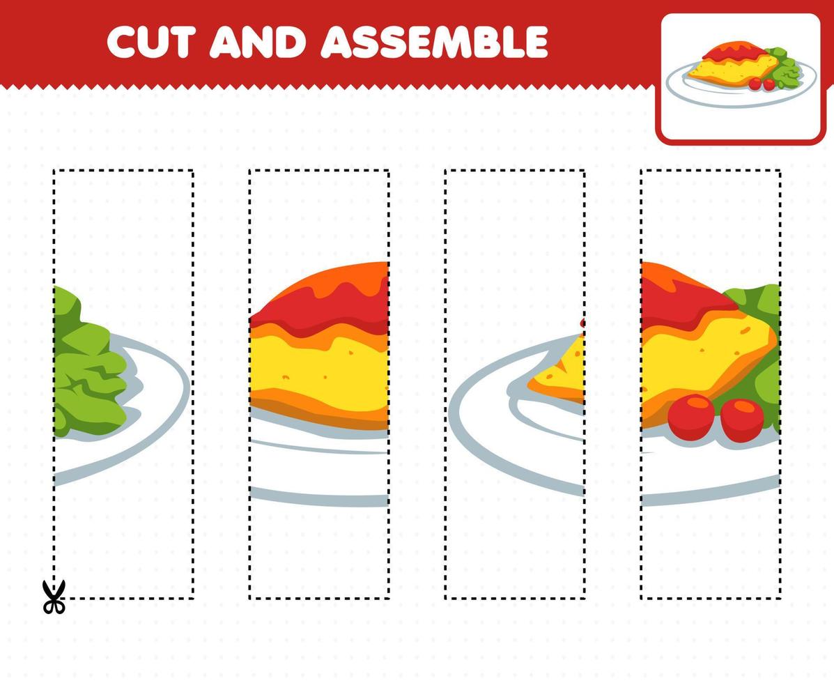 utbildning spel för barn skärning praktiken och montera pussel med tecknad mat omelett vektor