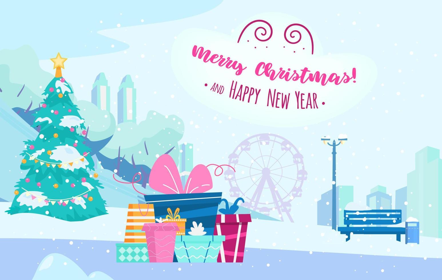 winterparklandschaft mit stadtsilhouette, riesenrad, weihnachtsbaum, schneebedeckten bäumen, bank und geschenkboxen. frohe weihnachten und guten rutsch ins neue jahr. flache vektorillustration. vektor