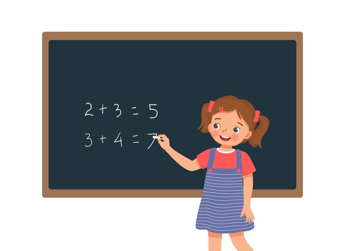 söt liten flicka student skriver med krita matematisk ekvation lösning på tavlan framför klassen vektor