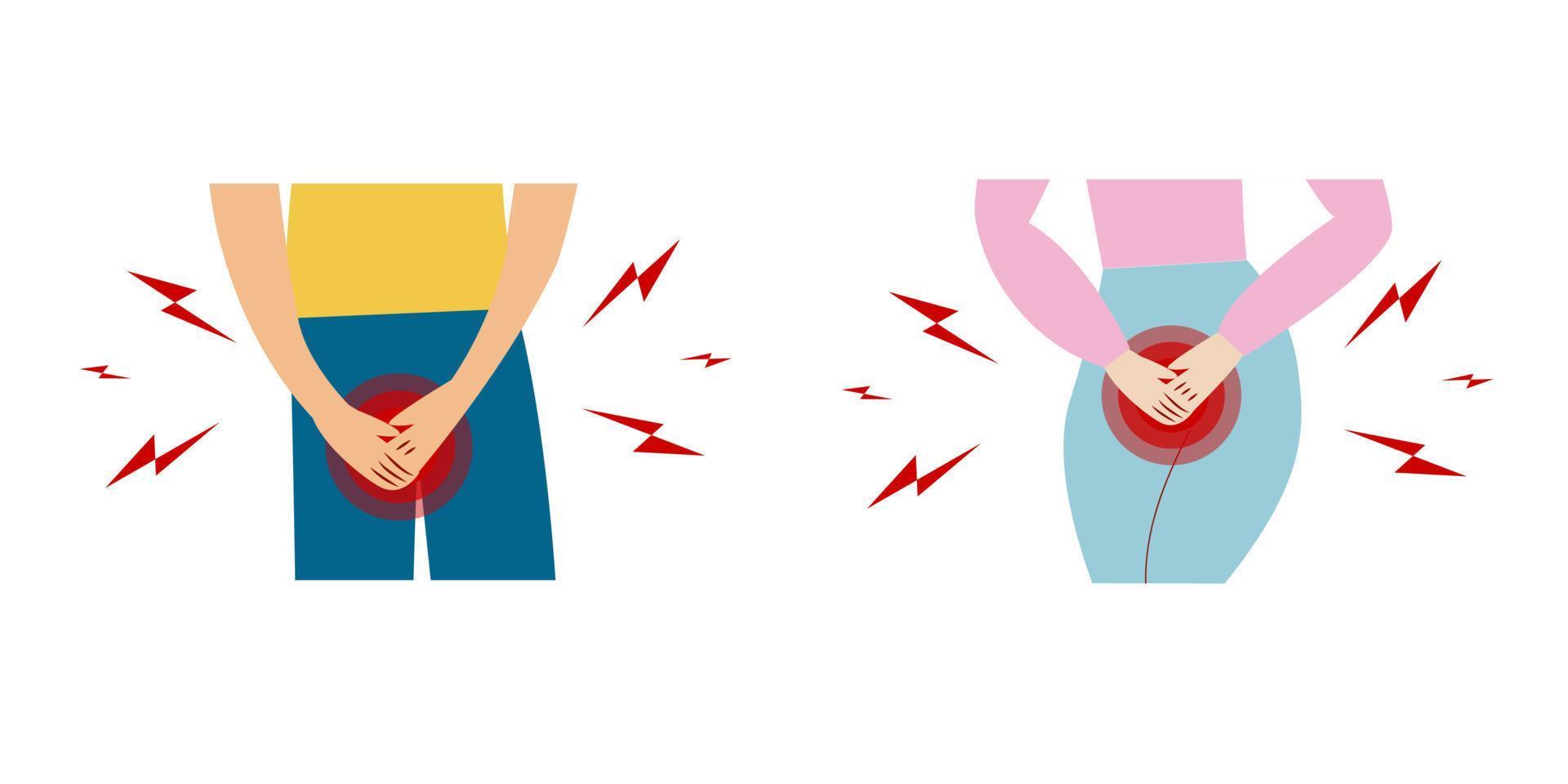 Probleme mit Harninkontinenz. Männer- und Frauenhände, die seinen Schritt halten, männliches und weibliches Geschlecht wollen die ganze Zeit pinkeln. isoliert auf weißem Hintergrund. Vektor-Illustration. vektor