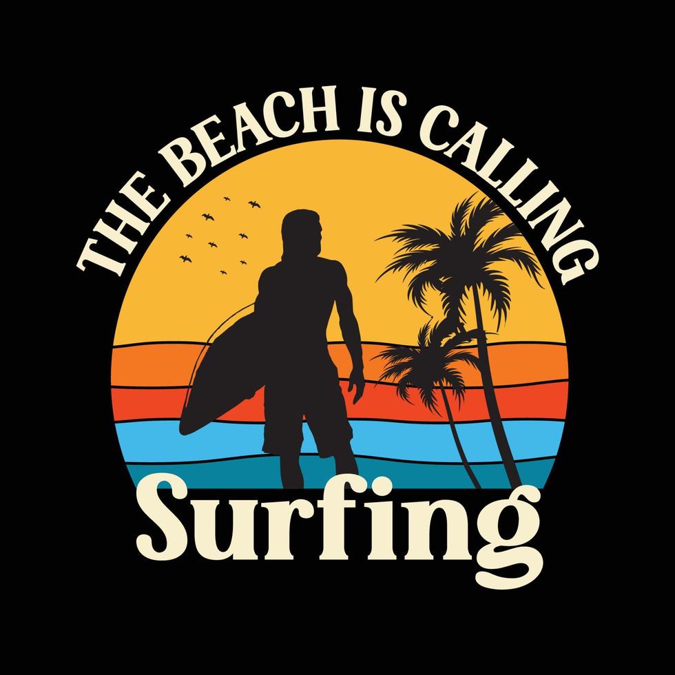 stranden kallar surfing vintage stil t-shirt och kläder trendig design med surf silhuetter, typografi, tryck, vektorillustration vektor