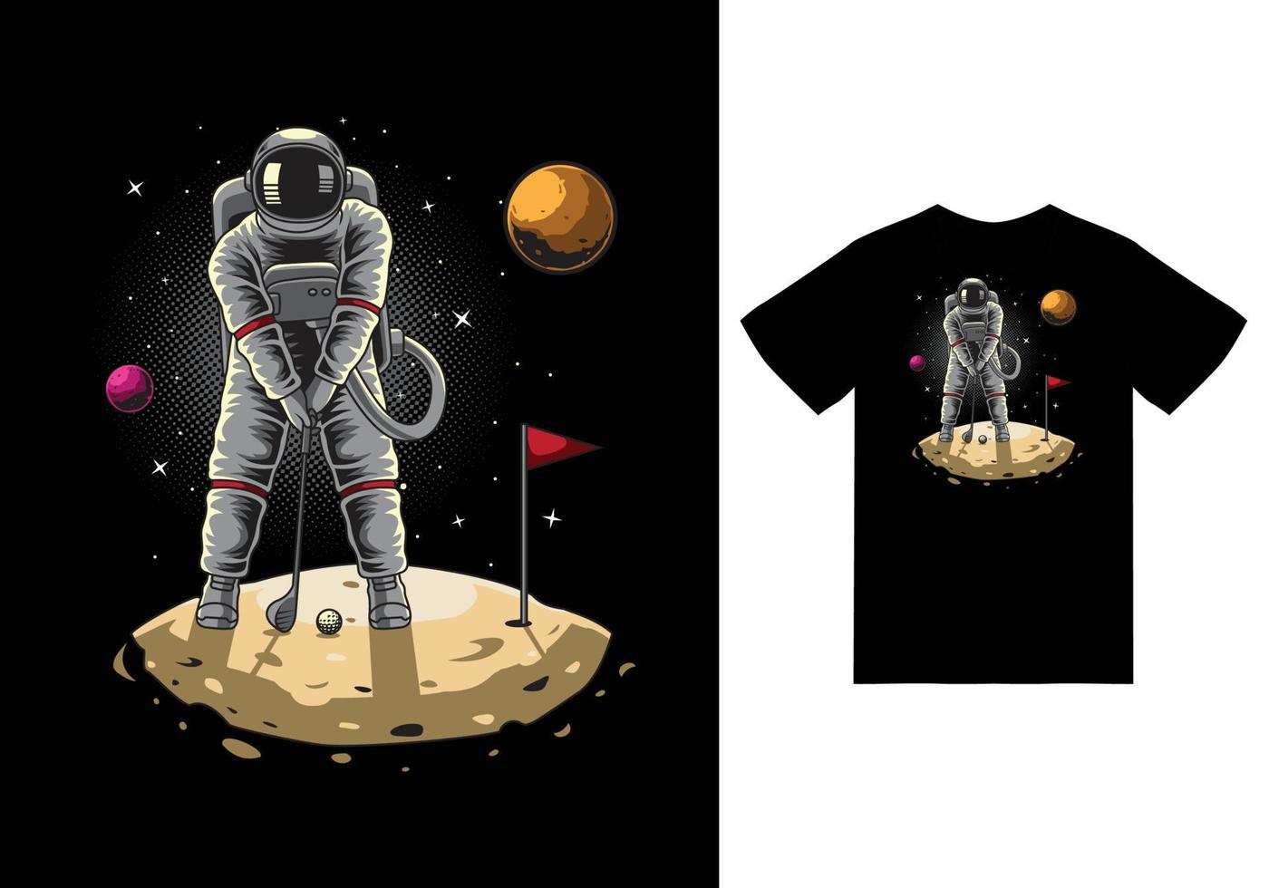 astronaut spelar golf på månen illustration med tshirt design premium vektor
