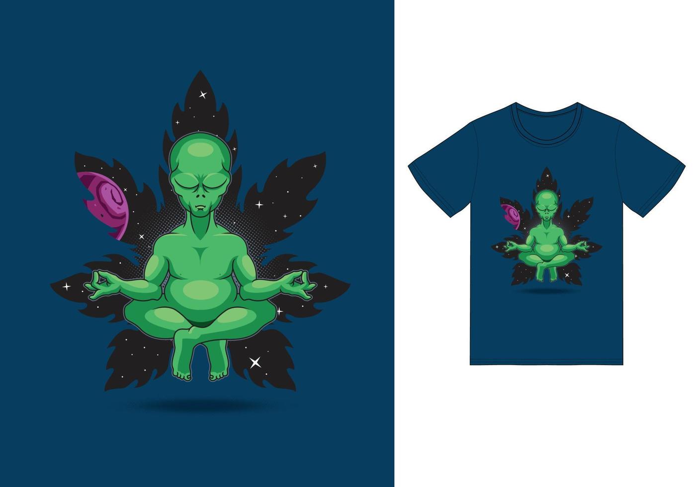 Alien-Meditasi-Yoga-Illustration mit T-Shirt-Design-Premium-Vektor vektor