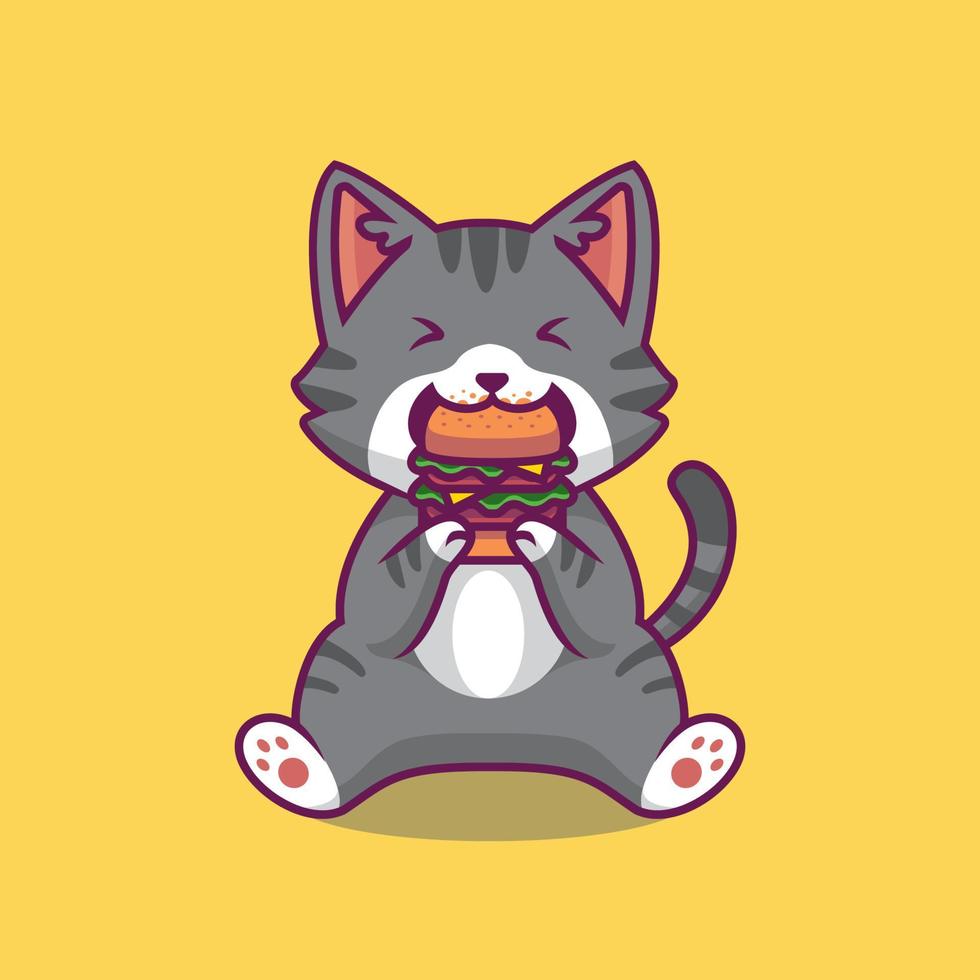 söt katt som äter hamburgare tecknad illustration vektor