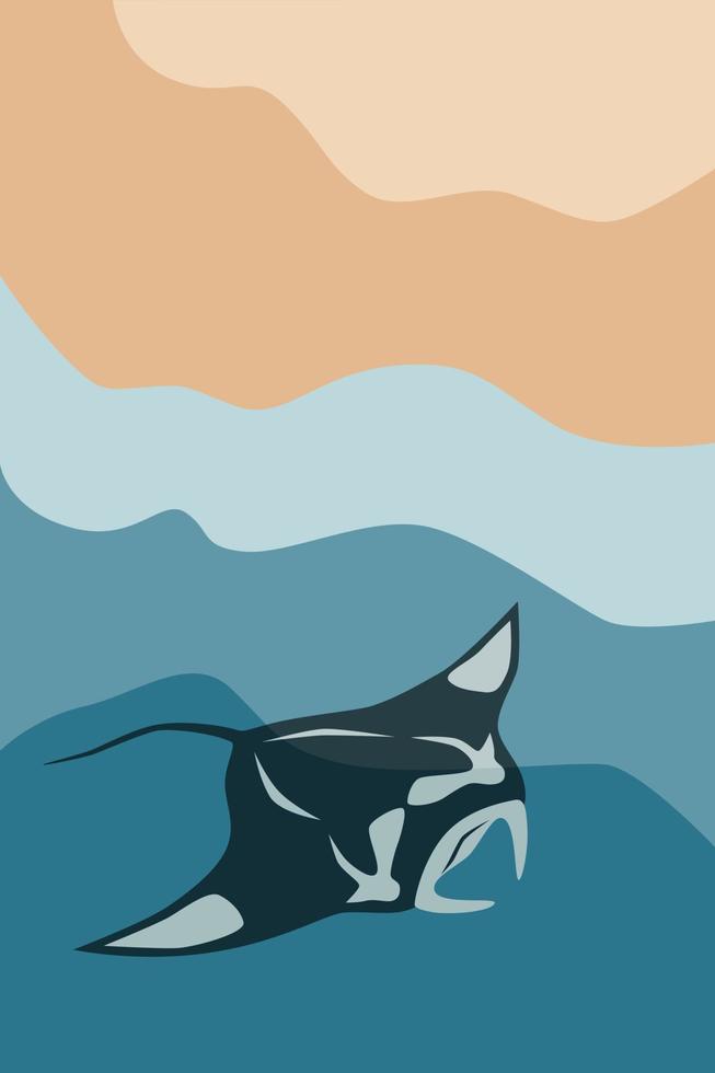 großer Manta auf abstraktem Meereshintergrund. einfache handgezeichnete Vektorillustration. Unterwasserbanner, Poster, Karte vektor