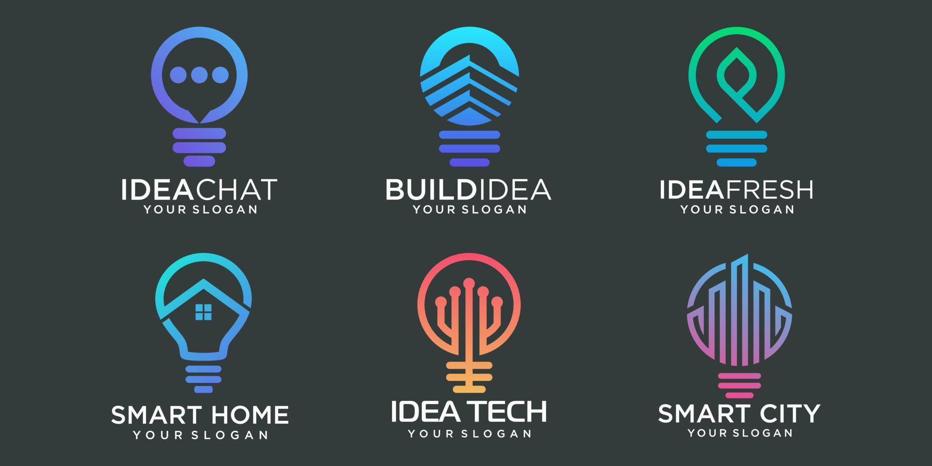 kreativa glödlampa logotyp ikonuppsättning. vektor logotyp mall art eco energi makt el idé koncept.