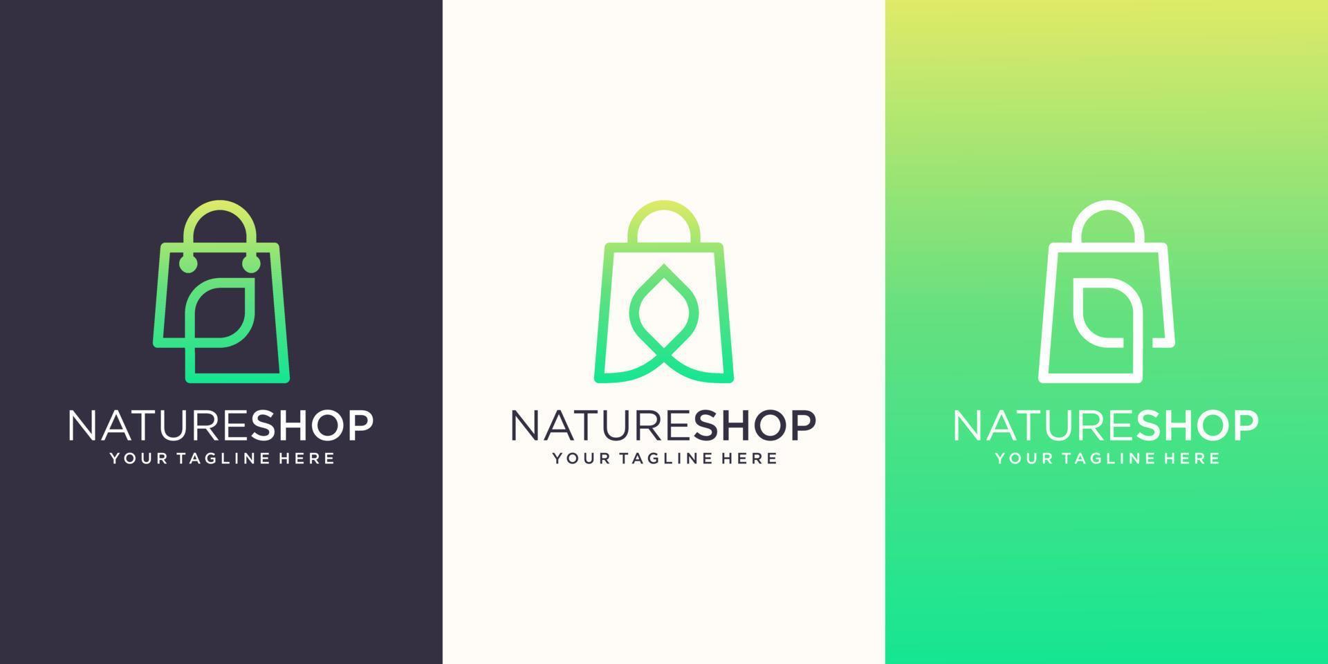 natur butik logotyp design mall, väska kombinerat med löv linje konst stil. vektor