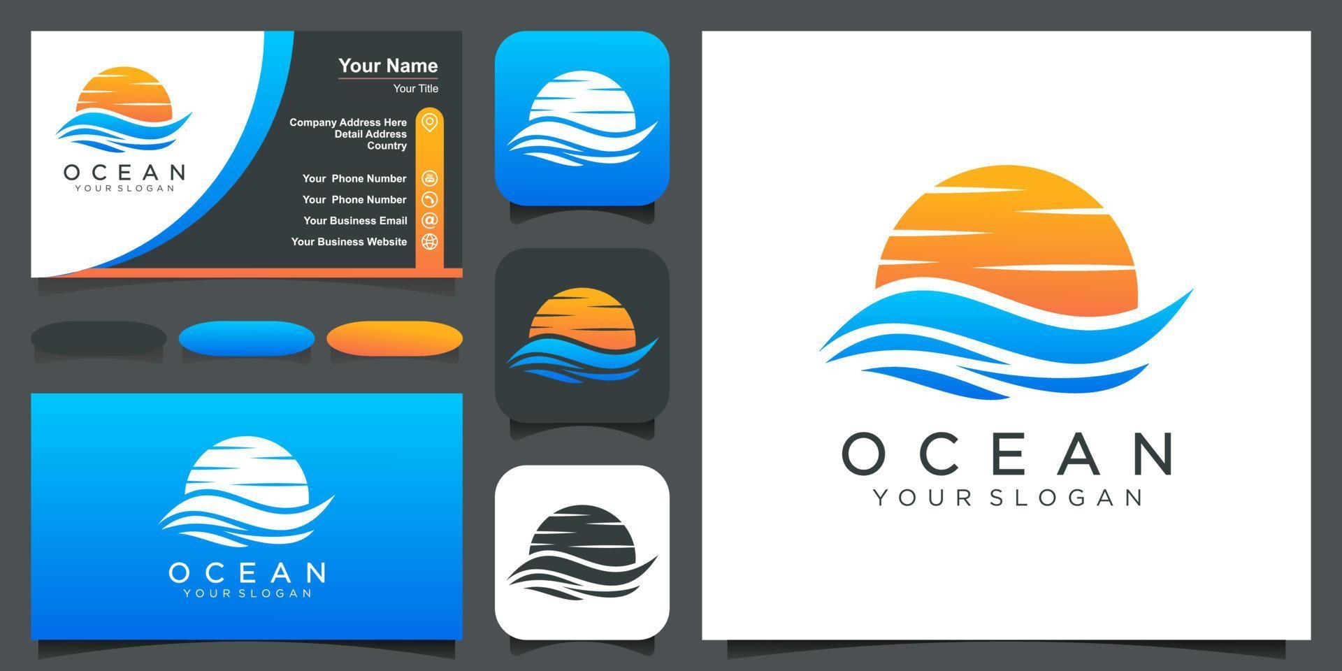 Ozean-Logo-Design-Vorlage. Wasserwelle kombinieren Sonne oder Mond. vektor