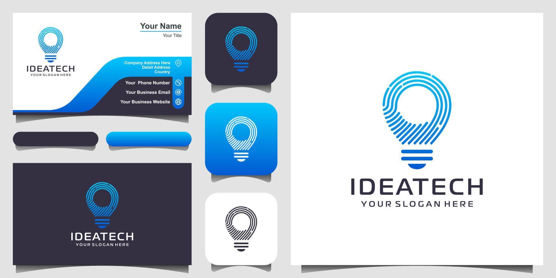 kreativ bulb tech logotyp och visitkort design. idé kreativ glödlampa med teknikkoncept. glödlampa digital logotyp teknik idé vektor