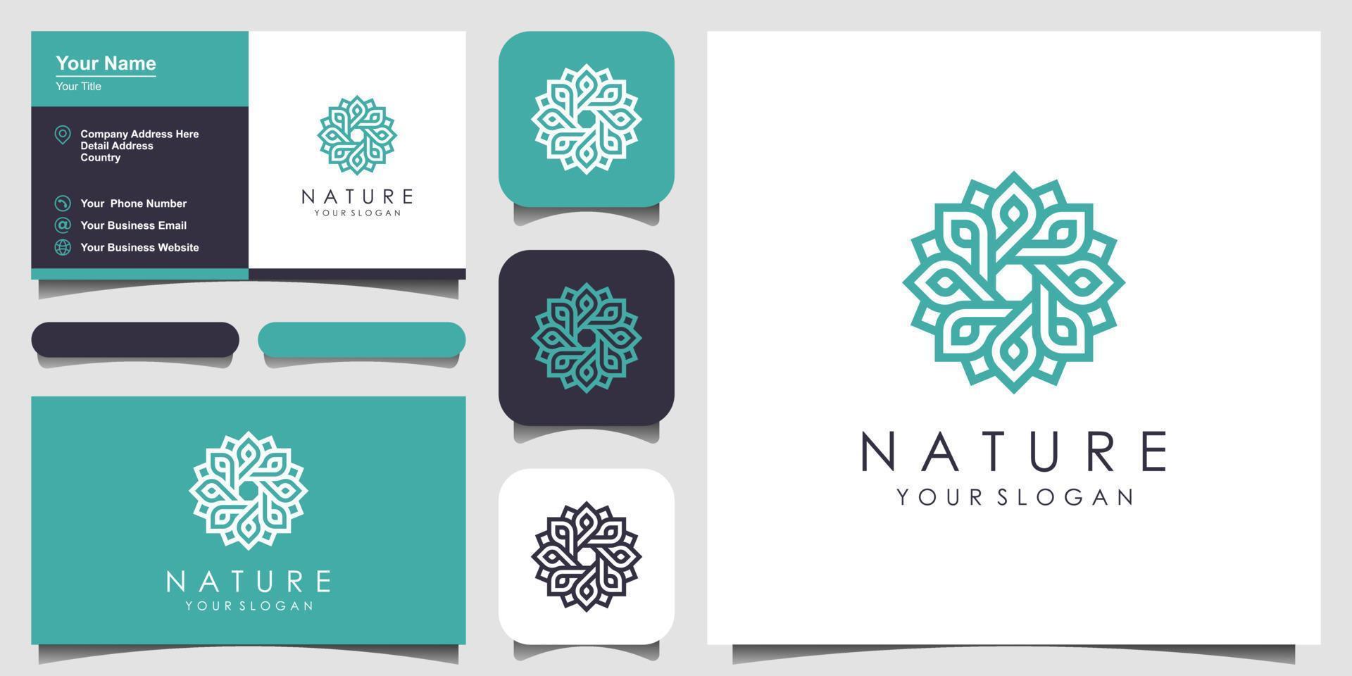 minimalistische, elegante Blumenrose mit Logo im Linienkunststil und Visitenkartendesign. logo für schönheit, kosmetik, yoga und spa. Logo- und Visitenkartendesign vektor